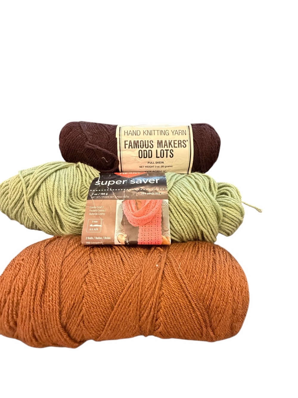 Lot Of 3 Assorted Vintage Yarn Skeins Brown Green Acrylic Crafts Projects